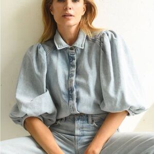 Zara Light Blue Puff-Sleeve Denim Shirt - Women Jeans High Rise